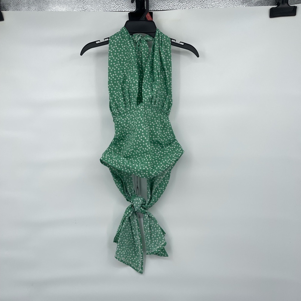 Vesper Co Studio VSPRCO cotton green white floral halter tie blouse